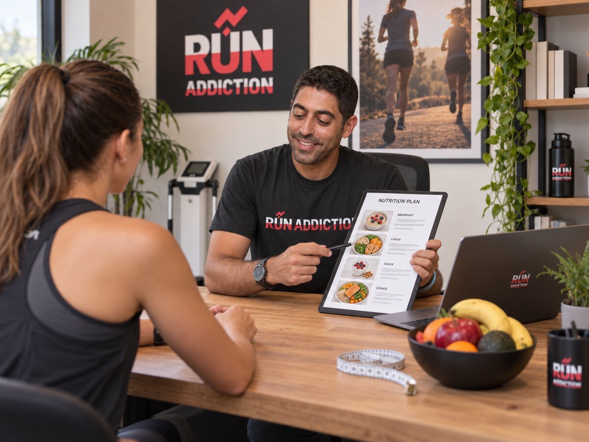 Nutricionista de Run Addiction mostrando un plan de nutrición personalizado en tablet